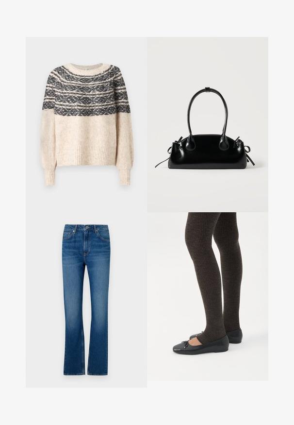 Cremefarbener und schwarzer gestrickter Pullover mit gemustertem Schulterbereich, gerippten Bündchen und Saum, vor einem schlichten Hintergrund präsentiert.; Blaue Jeans mit ausgestelltem Bein, im Five-Pocket-Design, mit Reißverschluss und einem verblassten Look. Mit Ziernähten und einem standardmäßigen Bund ausgestattet.; Beine in dunklen, gerippten Leggings kombiniert mit schwarzen Ballerinas mit kleinen Schleifendetails auf weißem Hintergrund.; Kleine schwarze glänzende Handtasche mit zwei langen Griffen und seitlichen Kordelzug-Details vor einfachem hellem Hintergrund.