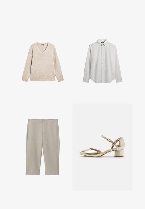 Beige strikket V-hals sweater med lange ærmer og ribbestrikkede manchetter og bund, lagt fladt på hvid baggrund.; Langærmet hvid skjorte med knapper og button-down krave, vist på en hvid baggrund.; Beige knælange bukser med lige snit lavet af glat stof med synlige sidesømme og en enkel talje.; Guldmetallic hæle med rund tå, ankelrem og blokhæle. Glat tekstur med en skinnende finish og tværrem-design.