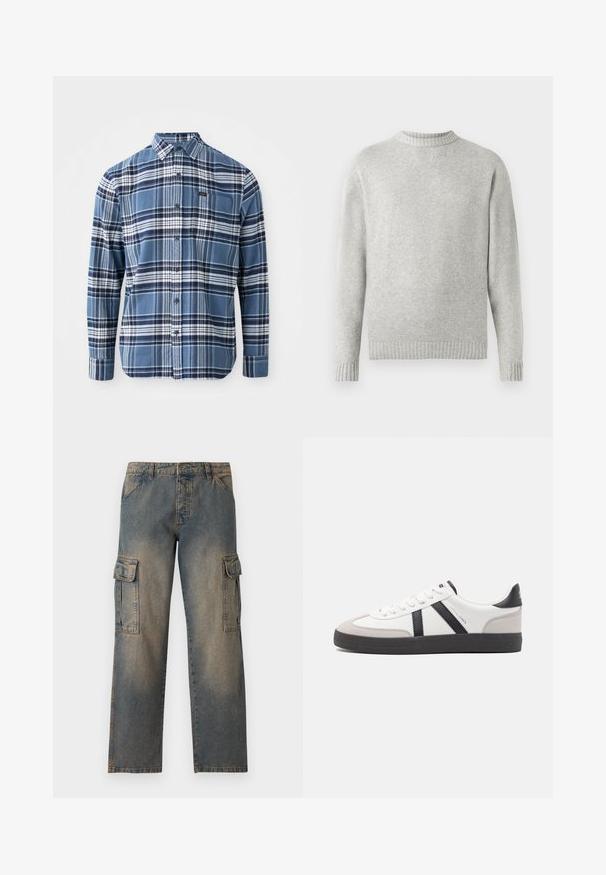 Hellgrauer Pullover aus weichem Stoff, mit ribbeltem Rundhalsausschnitt sowie ribbelten Bündchen und Saum. Minimalistisches Design, lange Ärmel.; Blau-weißer kariert Langarmhemd aus Baumwolle; mit Button-Down-Kragen; verfügt über ein kleines Logo-Patch auf der Brusttasche.; Denim-Cargo-Hosen in einem verblassten Blauton, lockerer Schnitt, zwei große Seitentaschen, genähte Nähte und ein klassisches Taillenband-Design.; Weiße Sneaker mit schwarz- und grau-aczenten, ausgestattet mit einer strukturierten grauen Zehenkappe, schwarzer Gummi-Sohle und flachen weißen Schnürsenkeln. Sauberes Design, minimalistische Stil.