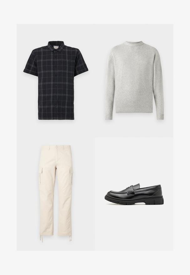 Lysegrå sweater lavet af blødt stof, med ribbet rund halsudskæring og ribbede manchetter og kant. Minimalistisk design, lange ærmer.; Kortærmet knap-shirt i sort med en struktureret stof, der har et hvidt rutemønster og spidse kraver.; Beige cargo bukser lavet af bomuldsblanding. Funktioner inkluderer to sidelommer, en lige ben design og justerbare snore i kanten.; Sort læder loafersko med en bred rem over forfoden, gummisål med tykke mønstre og glat overflade. Klassisk, slankt design.