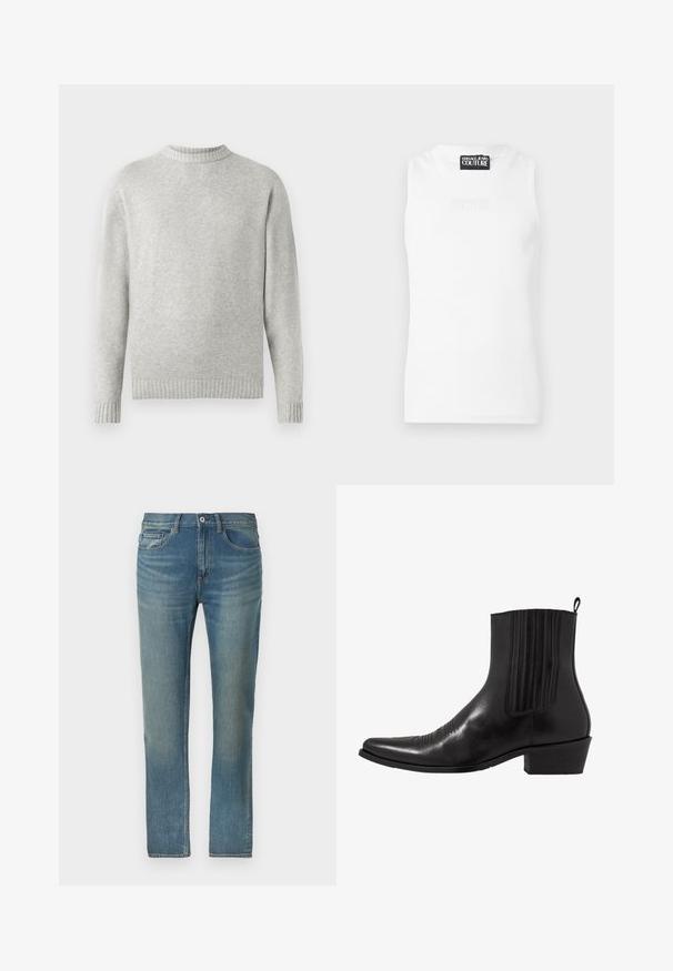 Pull léger gris fabriqué en tissu doux, avec un col ras du cou côtelé et des poignets et un ourlet côtelés. Design minimaliste, manches longues.; Haut blanc sans manches côtelé avec étiquette Versace Jeans Couture à l'encolure et logo embossé subtil sur la poitrine.; Jean en denim bleu clair avec une coupe droite. Design standard à cinq poches et fermeture par bouton avec des accents de couture sur les coutures.; Bottine noire en cuir avec un bout pointu, des panneaux latéraux élastiques, des accents de coutures verticales et un petit talon bloc.
