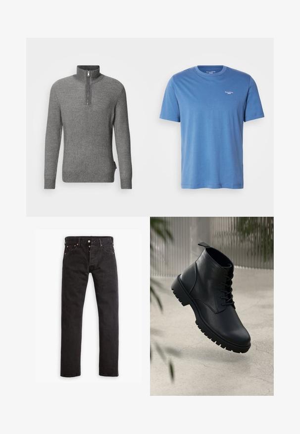 Grijze geribde trui met een hoge kraag en korte rits. Gemaakt van gebreide textuurstof, met lange mouwen en een rechte zoom.; Lichtblauw T-shirt met korte mouwen, gemaakt van zachte stof, met een ronde hals en een klein wit logo op de bovenste linkerkant van de borst.; Zwarte slim-fit jeans met knoopsluiting, vijf zakken en koperen klinknagels, plat gelegd op een witte achtergrond.; Zwarte leren enkelboots met een ronde neus, vetersluiting en robuuste rubberen zool. Gladde textuur met een bevestigingslus aan de achterkant.