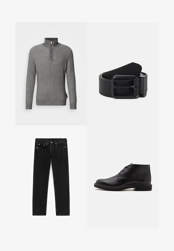 Suéter gris de canalé con un cuello alto y cremallera corta. Hecho de un tejido de punto texturizado, presenta mangas largas y un dobladillo recto.; Jeans de denim negro con un corte recto, bolsillos frontales con herrajes plateados y un diseño clásico de cinco bolsillos.; Bota de tobillo de cuero negro con tres ojales para cordones, puntera redondeada y suela plana sobre un fondo liso y claro.; Cinturón de cuero negro con una hebilla de metal negro mate, que presenta una superficie plana y suave y un extremo cónico. Diseño sencillo sin adornos.
