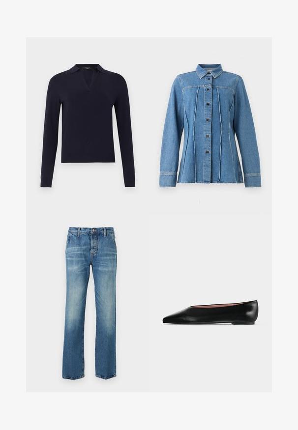 Pull bleu marine à manches longues avec un col en V fendu et des poignets ajustés, présenté sur un fond gris clair uni.; Chemise en denim bleu à manches longues avec boutons sur le devant, col pointu, coutures verticales et poignets cousus.; Jean bleu à coupe droite avec avant délavé, passants de ceinture, poches avant et fermeture par bouton sur fond blanc.; Chaussure plate en cuir noir pour femme, avec bout pointu et petit talon, vue de côté sur un fond gris clair uni.