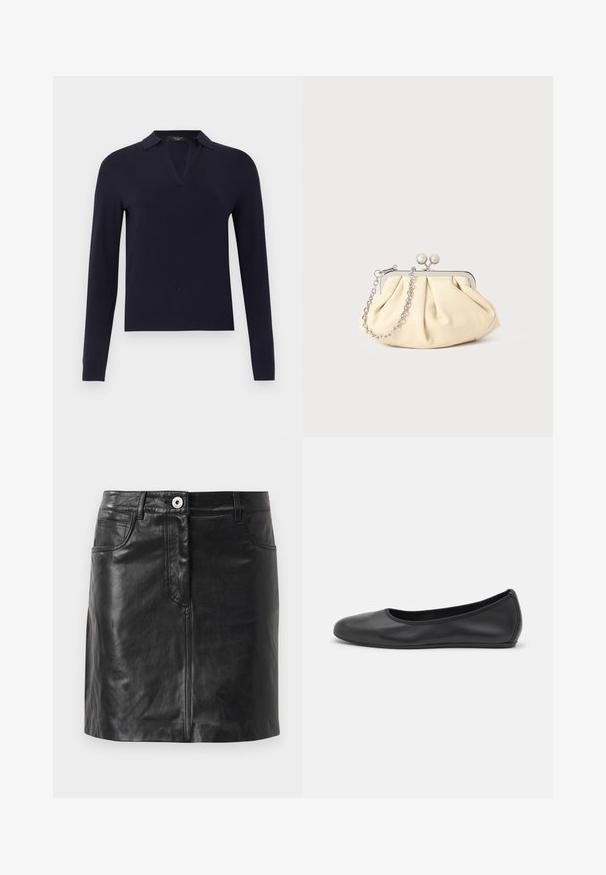 Marineblå langærmet sweater med en delt V-udskæring og tætsiddende manchetter, vist på en ensfarvet lys grå baggrund.; Weekend Max Mara HULL - Pencil skirt - nero; Sort læderballetsko med rund tå, glat tekstur, minimal syning og et fleksibelt såldesign.; Plisseret beige læderclutch med en sølvmetalramme, der har to runde dekorative låse og en sølvkædetrasporte.