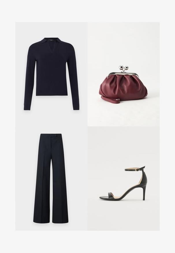 Pull bleu marine à manches longues avec un col en V fendu et des poignets ajustés, présenté sur un fond gris clair uni.; Pantalon large noir taille haute avec plis, fermeture avant dissimulée et taille cintrée.; Sandale à talons hauts en cuir noir avec une lanière de cheville. Présente une texture lisse, un bout ouvert et un talon fin. Détail de boucle en ton doré.; Petit sac pochette en cuir bordeaux avec fermoir métallique argenté et bracelet sur fond blanc.