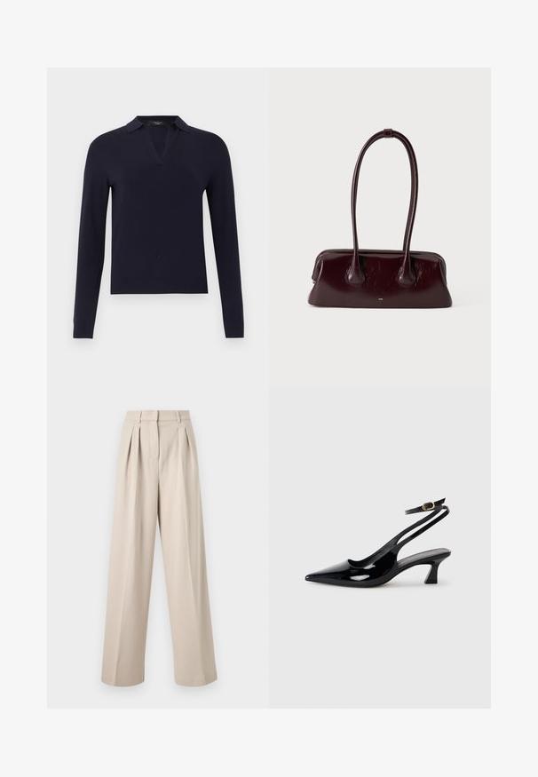 Pull bleu marine à manches longues avec un col en V fendu et des poignets ajustés, présenté sur un fond gris clair uni.; Pantalon large beige taille haute avec plis à l'avant, passants pour ceinture et fermeture avant dissimulée.; Escarpins à brides arrière en cuir verni noir, à bout pointu, avec un petit talon carré et une sangle de cheville ajustable dotée d'une boucle dorée.; Sac à main en cuir brun foncé brillant avec de longues anses fines et une base rectangulaire structurée sur un fond clair uni.