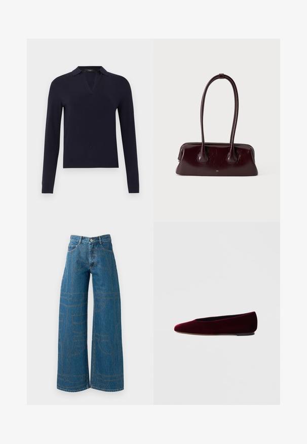 Marineblauwe trui met lange mouwen, een gespleten V-halskraag en aangesloten manchetten, weergegeven op een effen lichtgrijze achtergrond.; Wijde pijpen jeans in middelblauwe denim met contrasterende stiksels en meerdere zakontwerpen. Hoge taille met knoopsluiting.; Bordeauxrode ballerina's van fluweel met een ronde neus en lage hak, met een gladde textuur en strakke vormgeving.; Donkerbruine glanzende leren handtas met lange, dunne handvatten en een gestructureerde rechthoekige bodem op een effen lichte achtergrond.