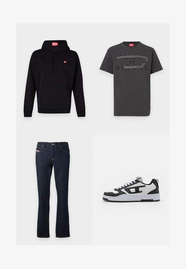 Zwarte hoodie van katoen. Voorzien van een voorzak, trekkoorden en een klein wit en rood logo op de borst. Klassieke pasvorm.; Grijze katoenen t-shirt met vetgedrukte zwarte tekst "EIGENDOM VAN D.I.E.S.E.L.", met een gladde textuur en korte mouwen.; Navyblauwe denim jeans met een rechte snit, voorzien van oranje stiksels, een metalen knoopsluiting en een klein logo op de achterzak.; Zwart-witte sneaker met een bovenwerk van getextureerd leer, gepolsterde schacht, ronde neus en contrasterende rubberen zool. Inclusief witte veters en logo-details.
