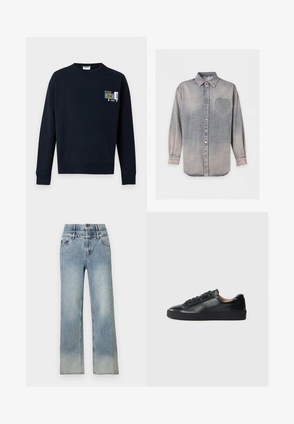 Sweat-shirt Moschino noir à manches longues avec col rond et petite écusson logo multicolore sur la poitrine gauche.; Chemise en denim gris à manches longues, avec un col et un cœur cousu sur le côté gauche de la poitrine.; Jean bleu clair taille haute à jambes droites avec poches avant, fermeture par bouton et zones subtilement délavées sur les cuisses et les jambes.; Baskets en cuir noir avec une texture lisse, bout rond et fermeture à lacets. Comprend une semelle en caoutchouc épaisse et un minimum de détails de marque.