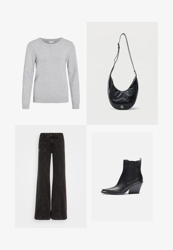 Lysegrå sweater med rund halsudskæring, lange ærmer, ribstrikkede manchetter og kant. Fremstillet af blødt, tekstureret stof. Mærke med brand navn synlig inde i halsen.; Sorte vide ben jeans lavet af denim, med høj talje, frontlommer og tonet syninger langs sømmene.; Sorte læder ankelstøvler med spids tå, elastiske sidepaneler og blokhæl. Finishen er glat med et strømlinet design.; Sort halvmåneformet skuldertaske i læder med justerbar rem og sølvfarvet "cK"-logo foran, mod en ensartet hvid baggrund.