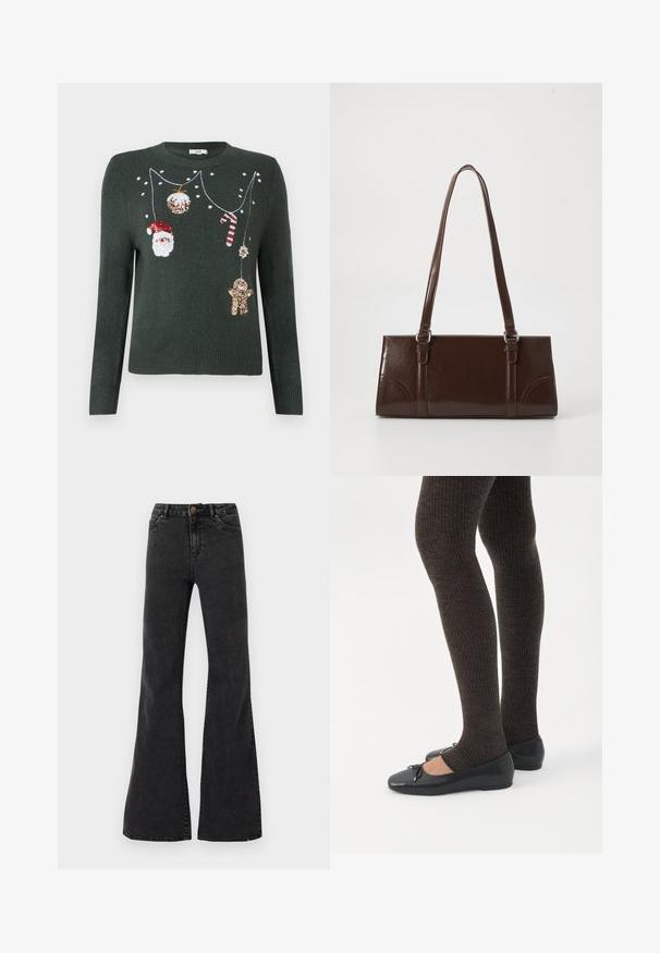 Mørkegrønn strikket sweater med festlige dekorationer, herunder en julemand, en slikstok, ornamenter og en bamse i palietter.; Sorte flare jeans lavet af denim, med høj talje, forlommer og synlige sømme. Glat tekstur med en let glans.; Ben iført mørke ribbede leggings kombineret med sorte balletsko med små sløjfedetaljer på hvid baggrund.; Brun lakeret håndtaske med rektangulær form, to lange håndtag og subtile buede detaljer på fronten.