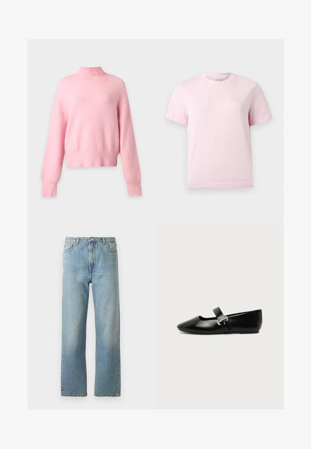 Weicher, hellrosa Langarmpullover mit hohem Kragen und gerippten Bündchen und Saum, gezeigt vor einem einfarbigen hellen Hintergrund.; Hellrosa Kurzarm-T-Shirt mit Rundhalsausschnitt und dezentem, erhabenem "Calvin Klein"-Logo in der Mitte der Brust.; Hellblaue Denim-Jeans mit geradem Bein, ausgestattet mit einem Fünf-Taschen-Stil und einem Knopfverschluss am Bund.; Schwarzer Ledermary-Jane-Flachschuh mit abgerundetem Zehenbereich und silberner Schnalle auf einfachem Hintergrund.