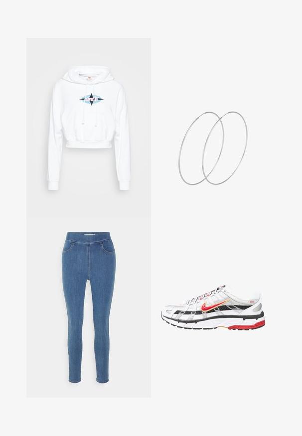 Sudadera blanca corta con un bolsillo frontal, cordones y un logo gráfico que presenta elementos en azul y rosa en el pecho.; Jeggings de denim azul con una textura suave, cintura alta, diseño de cinco bolsillos y piernas ajustadas. Largo estándar con un dobladillo liso.; Zapatillas deportivas en blanco y negro con detalles en rojo y dorado. Presentan una parte superior de malla, una suela acolchada y un diseño de cierre con cordones seguro.; Pendientes de aro plateados con un diseño minimalista. Forma circular, textura suave y perfil delgado. Livianos con un acabado pulido.