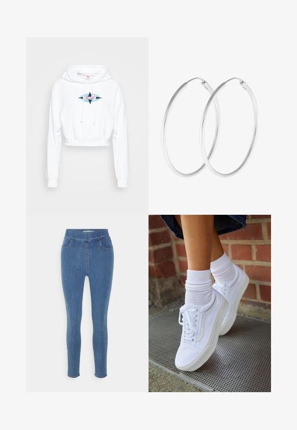 Biely skrátený hoodie s predným vreckom, sťahovacími šnúrkami a grafickým logom s modrými a ružovými prvkami na hrudi.; Modré džínsy jeggings s hladkou textúrou, vysokým pásom, dizajnom s piatimi vreckami a zúženými nohavicami. Štandardná dĺžka s jednoduchým lemom.; Biele plátené tenisky s gumovou podrážkou, s piatimi dierkami na šnúrky, okrúhlou špičkou a svetlými švami, doplnené o biele členkové ponožky.; Strieborné kruhové náušnice s hladkým, okrúhlym tvarom a lešteným povrchom. Obe náušnice sú rovnakej veľkosti a disponujú bezpečným uzatváracím mechanizmom.