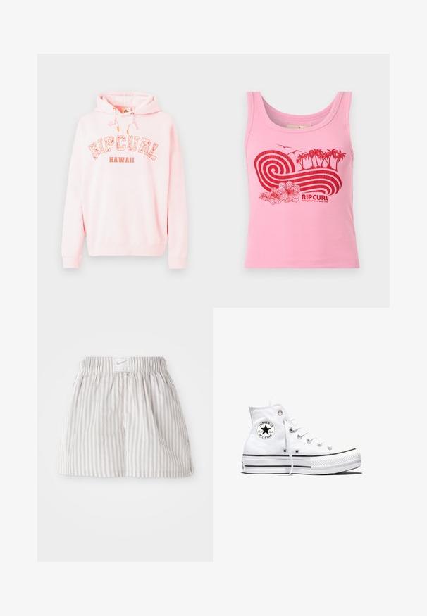 Pullover hoodie i blød pink stof med "RIPCURL HAWAII" grafik i hvid og orange. Snoretræk i hætten og ribbede manchetter.; Pink ribbet tanktop med rødt grafisk motiv af bølger, palmer, blomster, fugle og "RIP CURL"-logo med teksten "Heritage Surf Brand Since 1969."; Lys grå stribede shorts lavet af blødt stof. Har en elastisk talje med et Nike-logo mærke i midten.; Hvid højtop Converse Chuck Taylor All Star-sneaker med sort logo-patch og hvide snørebånd, vist på hvid baggrund.