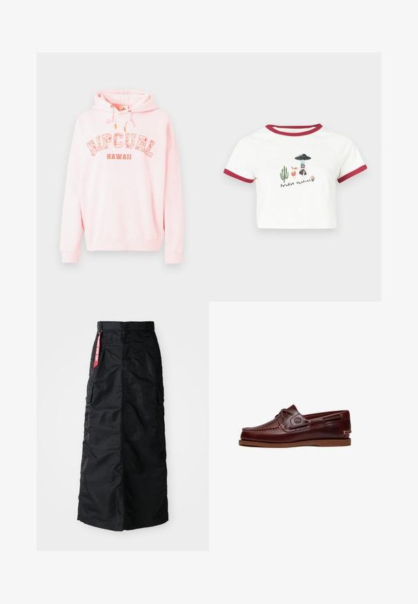 Pullover hoodie in zachte roze stof, met "RIPCURL HAWAII" graphic in wit en oranje. Met een trekkoordhoed en ribgebreide manchetten.; Witte cropped t-shirt met rode bies, versierd met geïllustreerde cactussen, fruit en de tekst "Paradise Utopias" in een speelse stijl. Zachte katoenen stof.; Zwarte lange rok met een voorkant met knopen en rits, zij cargo zakken en een rode 'Remove Before Flight' stoffen label op de tailleband.; Bruine leren boot schoen met veters, stiksel details en Timberland-logo aan de zijkant, weergegeven op een witte achtergrond.