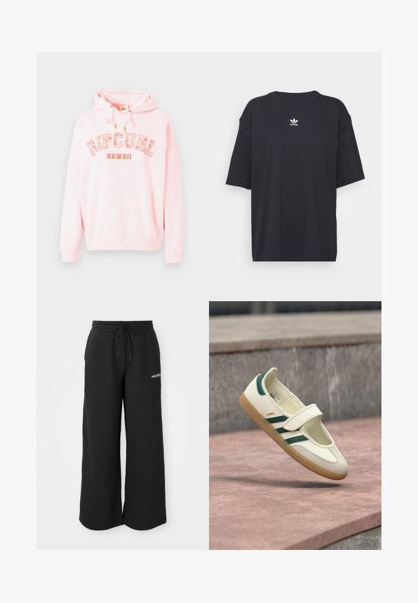Pehmeast roosast kangast kapuutsiga pusa, millel on valge ja oranž "RIPCURL HAWAII" graafika. Joonistamisega kapuuts ja soonikkoes varrukad.; Must must t-särk lühikeste varrukatega, ümmargune kaelus, rinnal valge Adidas logo. Lihtne disain, mugav lõige.; Mustad laiad dressipüksid, mis on valmistatud pehmest kangast, elastse vöökohtaga ja paelaga ning väikese logo vasakul küljel.; Valge nahast king rohelistes triipudega, ümar nina, rihmaga kinnitatud. Kummist tallaga, minimalistliku disainiga, ülemistes servades esile tõstetud õmblused.
