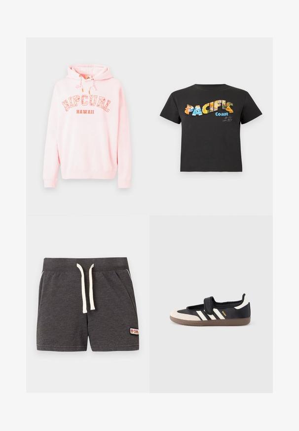 Sweat à capuche en tissu rose doux, avec un graphique "RIPCURL HAWAII" en blanc et orange. Capuche avec cordon de serrage et poignets côtelés.; T-shirt noir à manches courtes avec le texte "PACIFIC Coast" et des motifs tropicaux et océaniques colorés sur le devant.; Shorts en tricot gris foncé avec cordon blanc, ceinture élastique, poches latérales et petit patch logo Rip Curl sur la jambe droite inférieure.; Baskets noires et beiges avec une bride en velcro, trois bandes blanches sur le côté, et une semelle en caoutchouc marron texturée. Logo de la marque visible.