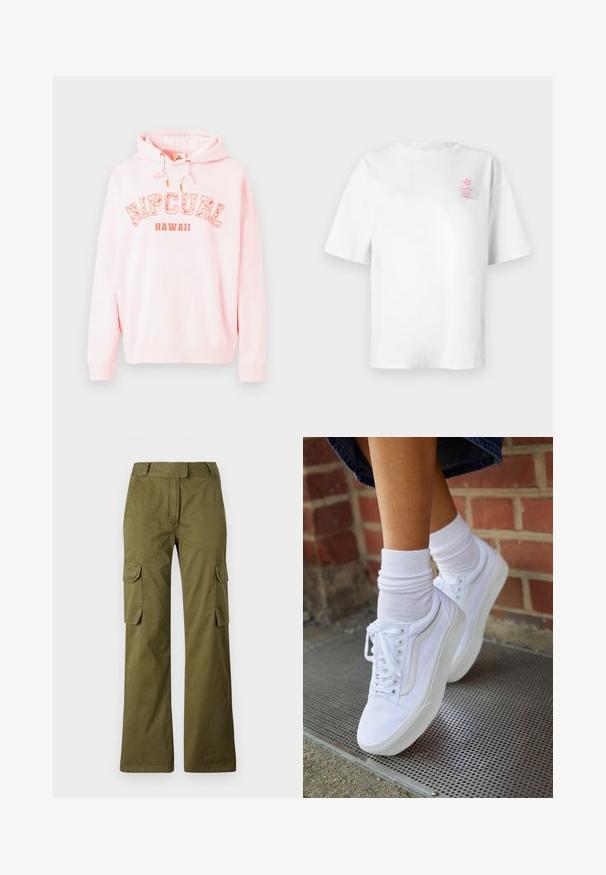 Sudadera con capucha de suave tela rosa, presenta un gráfico de "RIPCURL HAWAII" en blanco y naranja. Capucha con cordones y puños acanalados.; Camiseta de algodón blanca con mangas cortas y cuello redondo, con un pequeño logo rosa de "Vacation Club" en el lado izquierdo del pecho.; Pantalones cargo verde oliva hechos de una mezcla de algodón, con un diseño de pierna recta, dos bolsillos laterales y cierre de botón en la cintura.; Zapatillas de lona blancas con suelas de goma, que presentan seis ojales, puntera redonda y detalles de costura ligera, combinadas con calcetines blancos hasta el tobillo.