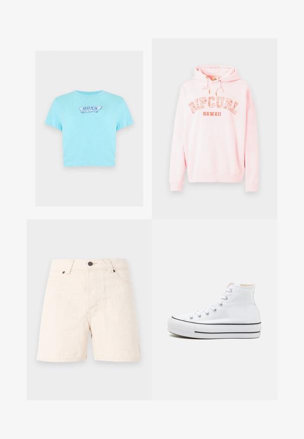 Sweat à capuche en tissu rose doux, avec un graphique "RIPCURL HAWAII" en blanc et orange. Capuche avec cordon de serrage et poignets côtelés.; T-shirt court bleu clair avec un petit motif skateboard et le texte "ROXY" centré sur la poitrine.; Shorts en coton beige taille haute avec bouton frontal, fermeture éclair, passants de ceinture et deux poches avant sur fond neutre.; Baskets montantes blanches en toile, semelle en caoutchouc noir et bande noire contrastante sur la semelle intermédiaire. Bout rond et design à lacets.