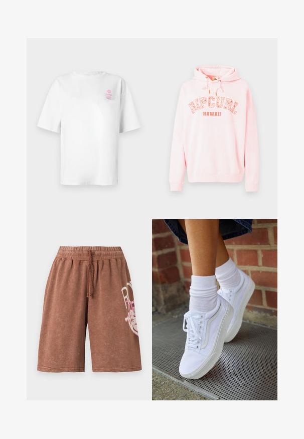 Sweat à capuche en tissu rose doux, avec un graphique "RIPCURL HAWAII" en blanc et orange. Capuche avec cordon de serrage et poignets côtelés.; T-shirt en coton blanc à manches courtes, col rond, avec un petit logo rose "Vacation Club" sur le côté gauche de la poitrine.; Shorts marron jusqu'au genou avec taille élastique et cordon, avec un motif textuel floral blanc et rose partiel sur la jambe droite.; Baskets en toile blanches avec semelles en caoutchouc, dotées de six œillets, d'un bout rond et de détails de couture légers, portées avec des chaussettes blanches mi-mollet.