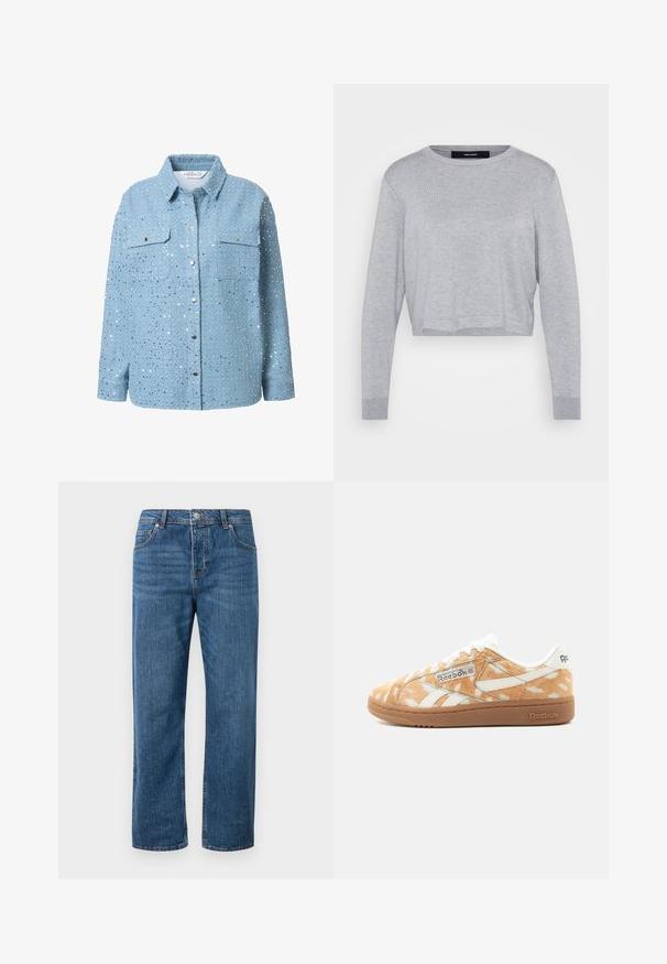 Lys grå cropped sweater med rund hals, lange ærmer, ribbede manchetter og en blød, tekstureret finish.; Lysblå denimskjorte med sølvfarvede pailletter, lange ærmer, krave, to brystlommer og trykknaplukning. Glat tekstur og detaljeret udsmykning.; Blå denimjeans med lige ben og høj talje. Funktioner inkluderer forlommer, knaplukning og diskrete stikninger.; Low-top Reebok sneaker med lys brun og hvid plettet pelsstruktur, hvid branding og gummisål, vist fra siden.