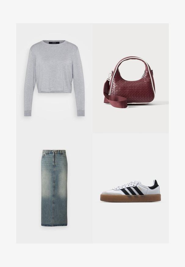 Lys grå cropped sweater med rund hals, lange ærmer, ribbede manchetter og en blød, tekstureret finish.; Denim midi nederdel i lys blåt med en falmet finish. Har en frontlynlås og knaplukning, lige snit og minimale syninger.; Hvide lædersneakers med sorte striber, gummirubber sål, rund tå, snørelukning og blød grå ruskinds tåhætte.; Mørkerød vævet lædertaske med buet hank, hvid kant, sølv lynlås og aftagelig bred stofskulderrem mod en ensfarvet baggrund.