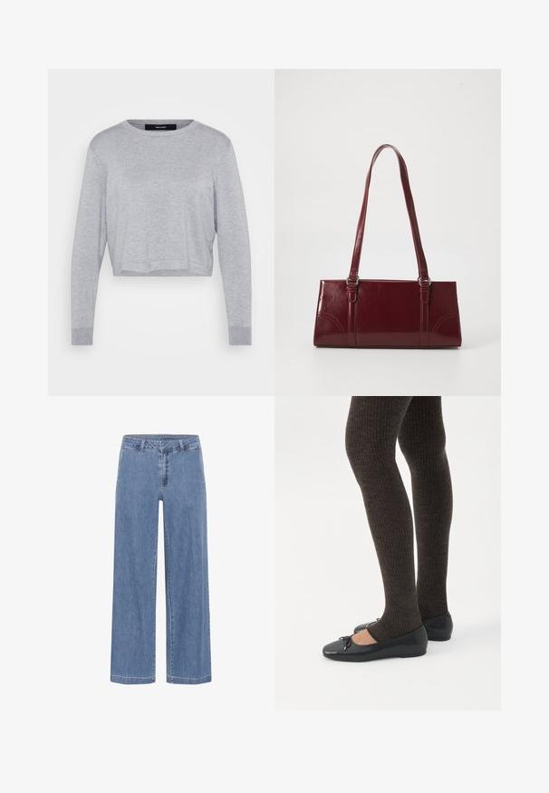 Svetlosivý skrátený sveter s okrúhlym výstrihom, dlhými rukávmi, rebrovanými manžetami a mäkkým, štruktúrovaným povrchom.; My Essential Wardrobe MWSOFFI WIDE - Džínsy široké - medium blue wash; Nohy v tmavých pásikavých legínach v kombinácii s čiernymi balerínkami s malými mašličkami na bielom pozadí.; Bordová kabelka vyrobená z lesklého materiálu, obdĺžnikový tvar, s dvoma ramennými popruhmi a jemnými zakrivenými akcentmi na prednej strane.
