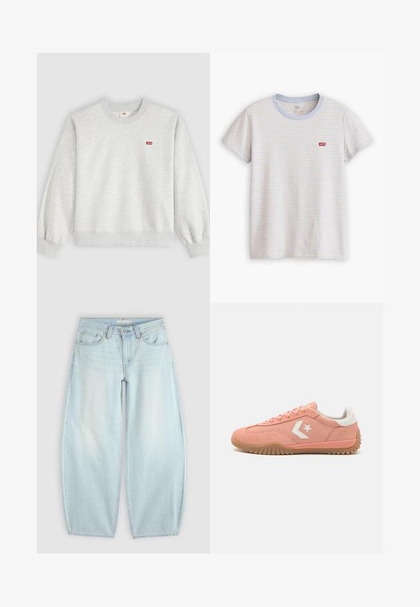 Sweat-shirt gris clair à col rond, manches longues et petit logo rouge Levi's sur la poitrine gauche.; T-shirt blanc à manches courtes avec fines rayures horizontales bleues et beiges et un petit logo rouge Levi's sur la poitrine gauche.; Jean bleu clair taille large avec fermeture bouton et fermeture éclair, poches avant et passants de ceinture sur un fond uni.; Baskets en suède rose avec des accents blancs, design à lacets, semelle en gomme texturée et logo d'étoile sur le côté. Profil bas et léger.