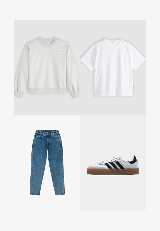 Svetlosivá mikina s okrúhlym výstrihom, dlhými rukávmi a malým červeným logom Levi's na ľavej strane hrude.; Biele bavlnené tričko s krátkym rukávom, okrúhlym výstrihom, voľným strihom, hladkou textúrou a malou značkou loga na ľavom bočnom šve.; Svetlomodré džínsy s voľným strihom, vysokým pásom, dizajnom s piatimi vreckami, viditeľným šitím a mierne vybledlým vzhľadom.; Biele kožené tenisky s čiernymi pruhmi, gumová podrážka, okrúhla špička, šnurovanie a mäkký sivý semišový špička.