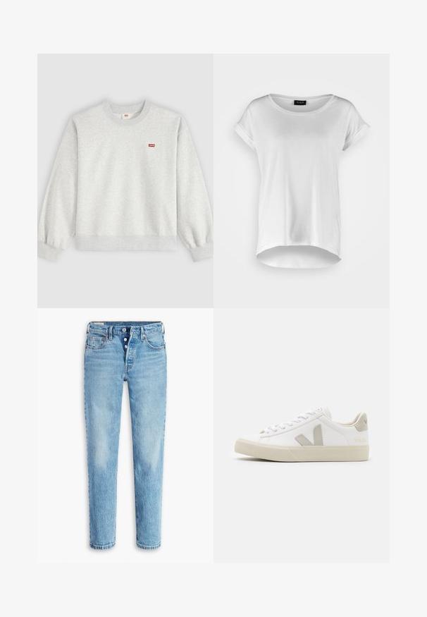 Sudadera gris claro con cuello redondo, mangas largas y un pequeño logo rojo de Levi's en el pecho izquierdo.; Camiseta blanca de manga corta con cuello redondo, dobladillo trasero ligeramente más largo, tejido de algodón suave y mangas enrolladas. Sin estampados visibles.; Jeans de denim azul claro con un diseño de pierna recta, estilo de cinco bolsillos y cierre de botón. Presentan áreas deslavadas y efecto de arrugas para dar textura.; Zapatillas blancas de cuero con acentos en gris del logo V, suela de goma texturizada, cordones blancos y lengüeta y collar acolchados.