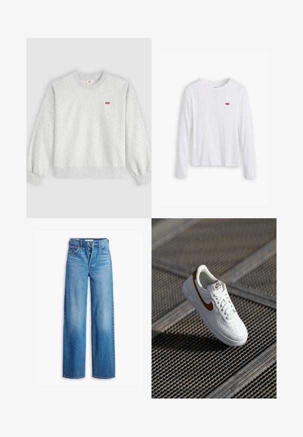 Svetlosivá mikina s okrúhlym výstrihom, dlhými rukávmi a malým červeným logom Levi's na ľavej strane hrude.; Biela košeľa s dlhým rukávom vyrobená z mäkkého bavlneného materiálu. Na ľavej strane hrude je malá červená nášivka Levi's. Klasický dizajn s okrúhlym výstrihom.; Modré džíny z denimovej látky s vysokým pásom, širokým strihom a piatimi vreckami. Obsahujú gombíkový zips a sú so zrenovovaným povrchom.; Biela kožená teniska s perforáciami, hnedým logom Nike a šnúrkami. Má textúrovanú podrážku a polstrovaný golier.