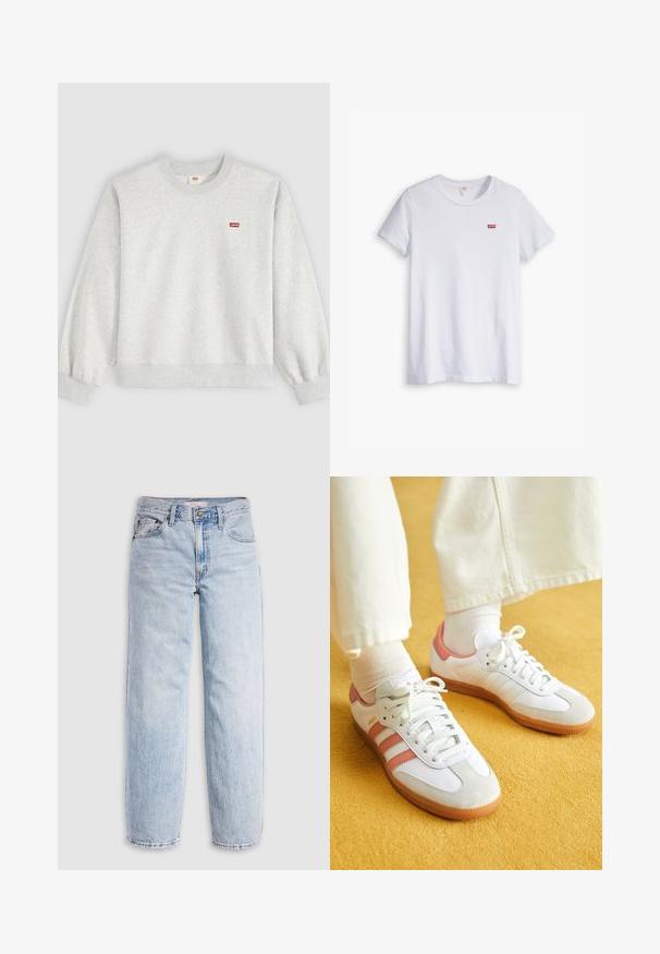 Helehall halli töökaelusega dressipluus pikkade varrukatega ja väike punane Levi's logo vasakul rinnal.; Valge puuvillane t-särk lühikeste varrukatega ja ümmarguse kaelusega. Vasakul rinnal on väike punane Levi's'i logo.; Hele sinised teksapüksid kõrge vöökohaga, mugava lõikega, sirgete säärega ja klassikalise viie-taskuga disainiga. Nähtavad pleekimised ja õmbluste detailid.; Valged sportlikud jalanõud roosa aktsendiga, suede ja naha materjalidest, ümmargune varvas ja kummitald, näidatud heledate sokkide kõrval kollasel taustal.