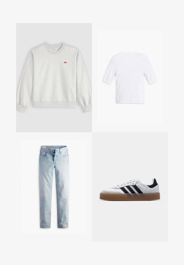 Sudadera gris claro con cuello redondo, mangas largas y un pequeño logo rojo de Levi's en el pecho izquierdo.; Camiseta blanca de algodón con mangas cortas, cuello redondo y una textura suave. Sin patrones o embellishments visibles.; Jeans de mezclilla azul claro con diseño de pierna recta, cinco bolsillos y cierres de botones metálicos en una pretina estándar.; Zapatillas de cuero blancas con rayas negras, suela de goma, puntera redonda, cierre de cordones y caperuza de ante gris suave.