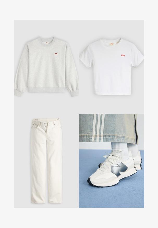 Lysegrå crewneck-sweatshirt med lange ærmer og et lille rødt Levi's-logo på venstre bryst.; Hvid T-shirt med korte ærmer og rund halsudskæring med lille rødt Levi's-logo på venstre bryst.; Hvide jeans med høj talje, lige ben, knaplukning, lommer foran og bagpå samt synlige kobbernitter i lommekanterne.; Hvide sportsko med sølvdetaljer, tekstureret stof og glat læder; med en sort gummisål og snørebånd.