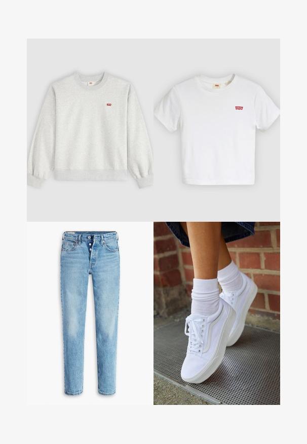 Svetlosivá mikina s okrúhlym výstrihom, dlhými rukávmi a malým červeným logom Levi's na ľavej strane hrude.; Biele tričko s krátkymi rukávmi a okrúhlym výstrihom s malým červeným logom Levi's na ľavej strane hrude.; Svetlo modré denimové džínsy so strižením rovného strihu, päť vreciek a zapínaním na gombíky. Obsahujú vyblednuté časti a efekt whiskering pre textúru.; Biele plátené tenisky s gumovou podrážkou, s piatimi dierkami na šnúrky, okrúhlou špičkou a svetlými švami, doplnené o biele členkové ponožky.