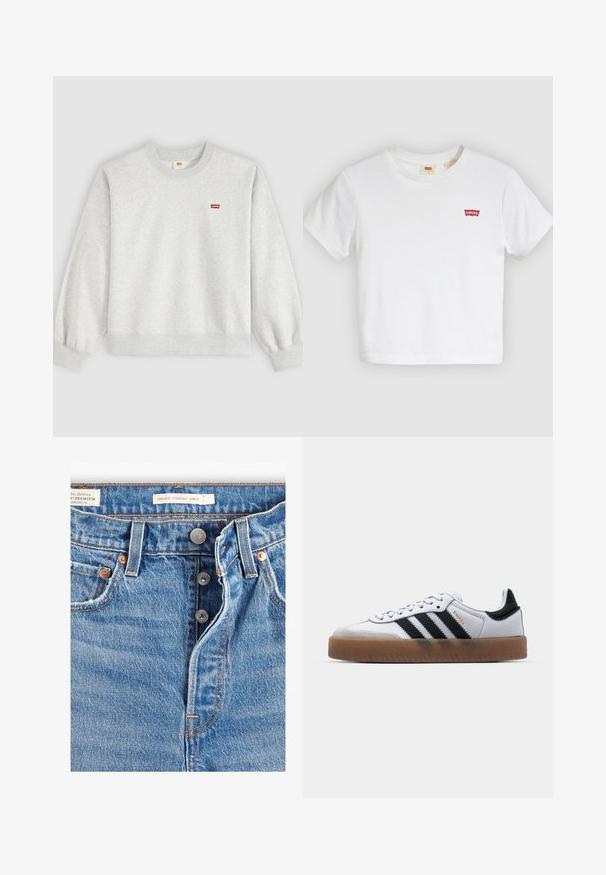 Sweat-shirt gris clair à col rond, manches longues et petit logo rouge Levi's sur la poitrine gauche.; T-shirt blanc à manches courtes avec col rond et petit logo rouge Levi's sur la poitrine gauche.; Jeans en denim bleu clair avec une coupe droite à la cheville. Comprend cinq poches, deux boutons en métal et des coutures orange visibles. Étiquettes présentes.; Baskets en cuir blanc avec des rayures noires, semelle extérieure en caoutchouc beige, bout rond, fermeture lacée et embout en suède gris doux.
