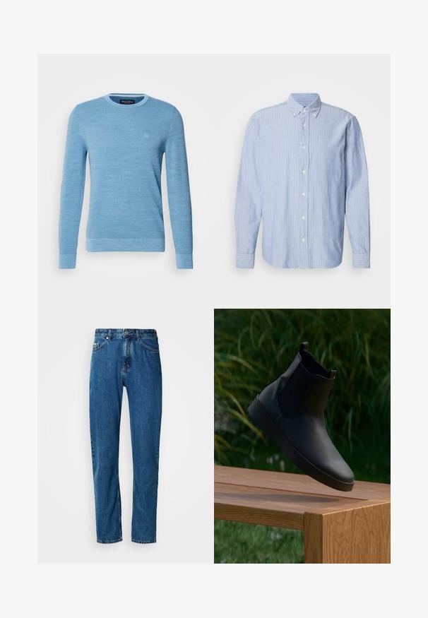 Lysblå strikket sweater med rund halsudskæring, lange ærmer og ribbede manchetter. Har et diskret logo på brystet. Blød tekstur.; Lys blå skjorte med hvide striber, som har en klassisk krave og lange ærmer. Fremstillet af vævet stof med en glat tekstur.; Blå lige ben denim jeans med fem lommer og frontlukning med knap på en hvid baggrund.; Sort læder ankelstøvle med elastiske sidepaneler, glat overflade, afrundet tå og flad sål, placeret over et træt bord mod en grøn baggrund.
