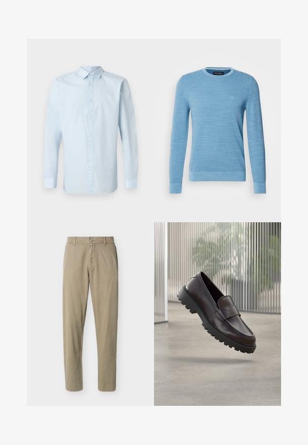 Lysblå strikket sweater med rund halsudskæring, lange ærmer og ribbede manchetter. Har et diskret logo på brystet. Blød tekstur.; Lys blå langærmet skjorte lavet af glat stof, med knaplukning fortil, almindelig krave og knaplukning ved håndleddene.; Beige bomuldsbukser med lige ben, bæltestropper, forreste knap og lynlås, vist mod en ensfarvet hvid baggrund.; Brun lædersko uden snørebånd med rundet tå og solid sort gummisål. Har en dekorativ rem hen over vristen.