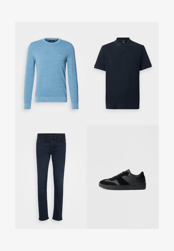 Lysblå strikket sweater med rund halsudskæring, lange ærmer og ribbede manchetter. Har et diskret logo på brystet. Blød tekstur.; Marineblå kortærmet polo med krave, to sorte knapper og diskret broderet logo på brystet.; Mørkeblå jeans med lige ben, der har et klassisk fem-lomme design, metalknap og bæltestropper i taljen.; Sorte sneakers med en kombination af glat læder og ruskind, med en tekstureret sort gummisål og subtil stripingdetalje.