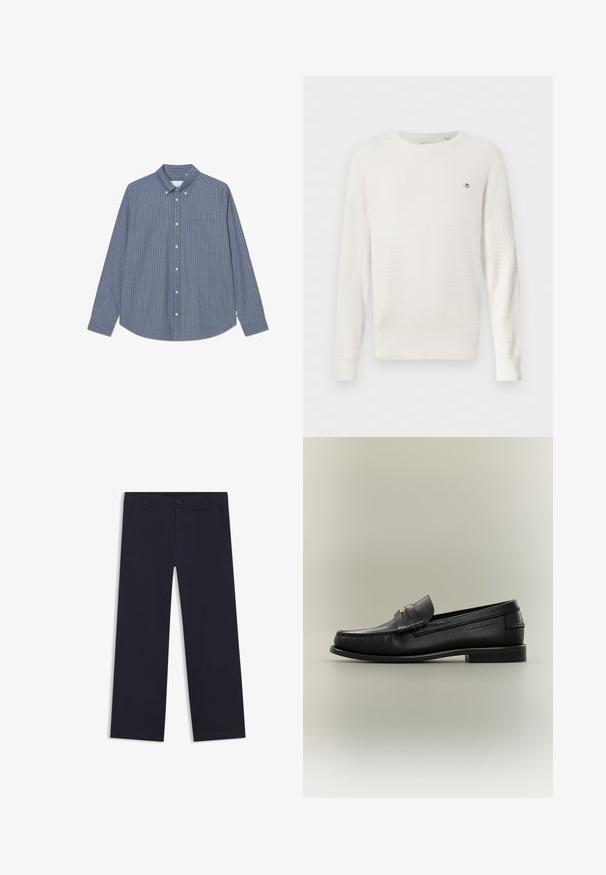 Pull à col rond en maille blanche texturée avec manches longues et petit logo brodé sur le côté gauche de la poitrine.; Chemise à boutons bleu et gris à rayures verticales, à manches longues, avec col, une poche poitrine, fabriquée en tissu doux avec une texture lisse.; Pantalon bleu marine à jambes droites avec poches avant, passants de ceinture et fermeture par bouton sur fond blanc.; Mocassin noir en cuir à enfiler avec petit talon, boucle dorée et nom de marque embossé sur le côté sur fond neutre.