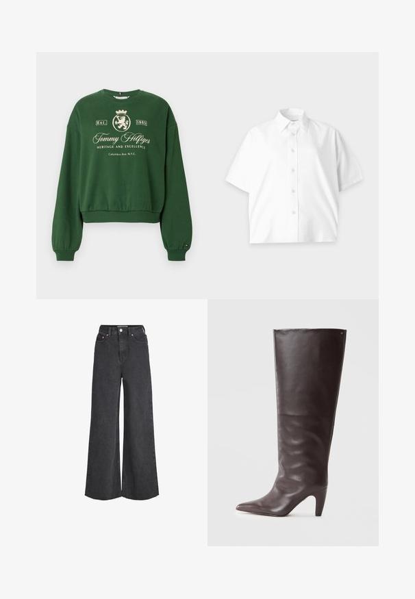 Groene cropped sweatshirt met lange mouwen, voorzien van reliëf witte tekst en een leeuwenkreet ontwerp. Ribgebreide cuffs en zoom, zachte stoftextuur.; Wit overhemd met korte mouwen, knoopsluiting en kraag, eenvoudig ontwerp en subtiel logo op de borst, weergegeven op een lichte achtergrond.; Zwarte high-waist jeans met wijde pijpen, sluiting aan de voorkant met knopen en rits, voorzakken en rafelige zoom.; Bruine leren kniehoog laars met een spitse neus en een middelhoge hak, met een gladde structuur en een minimalistisch ontwerp.