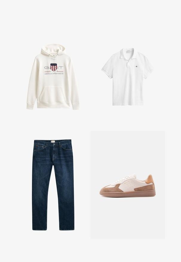 Hvid hættetrøje med frontlomme, snøre i hætten og "GANT 1949 American Sportswear" logo med et rødt og hvidt stribet skjold.; Hvid polo i bomuld med klassisk krave, korte ærmer og et lille broderet logo på venstre bryst. Blød tekstur.; Mørkeblå denim jeans med lige ben, knap- og lynlåslukning samt forlommer. Glat tekstur og minimal falmning.; Hvid og tan lavtop-sneaker med ruskindsdetaljer, perforerede sider, hvide snørebånd og en struktureret gummisål, vist fra siden på hvid baggrund.