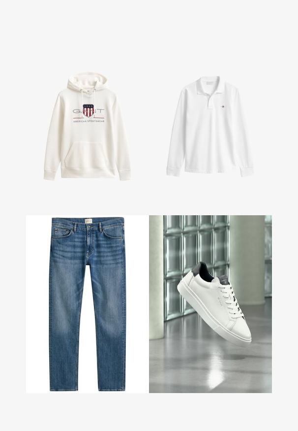 Hvid hættetrøje med frontlomme, snøre i hætten og "GANT 1949 American Sportswear" logo med et rødt og hvidt stribet skjold.; Langærmet hvid poloshirt lavet af bomuld, med en foldet krave, knappet lukning og et lille broderet logo på brystet.; Blå denimjeans med lige snit, der har fem lommer, knaplukning og let falmning over stoffet for tekstur.; Hvid læder sneaker med sort hæl og tunge, snøredesign, GANT branding på siden og tungen, vist i moderne indendørs miljø.