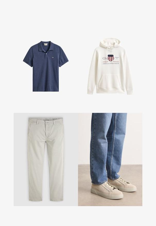 Witte hoodie met een voorzak, koordjes in de capuchon en het "GANT 1949 American Sportswear" logo met een rood-wit gestreept schild.; Marineblauw poloshirt met korte mouwen, kraag, twee knoppen aan de voorzijde en een klein geborduurd logo op de linkerborst.; Lichtbeige chino's met rechte pijpen, voorzakken, riemlussen, knoopsluiting en standaard taps toelopende pasvorm, plat liggend op een witte achtergrond.; BOSS GARYTENN_SDHDEL - Sneakers laag - natural ten
