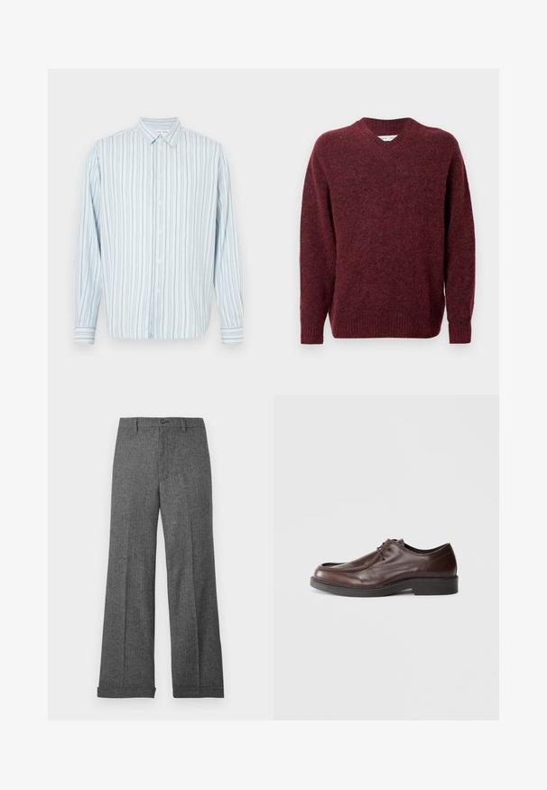 Pull en laine bordeaux avec un col en V, des manches longues et des bords côtes aux poignets et à l'ourlet. Texture douce et coupe décontractée, idéale pour le superposition.; Chemise bleu clair à manches longues avec boutons, rayures verticales étroites noires et blanches, col pointu, présentée sur un fond blanc.; Pantalon gris à jambes larges en tissu texturé avec un motif subtil, doté d'une fermeture à boutons sur le devant et d'ourlets cousus.; Chaussure habillée en cuir marron avec un bout arrondi, des accents de couture minimum, et une semelle noire robuste. Présente un système de laçage et une texture lisse.