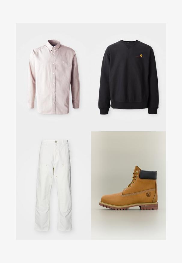 Sweatshirt noir avec un col rond, des manches longues et des poignets côtelés. Présente un logo jaune et rouge sur la poitrine gauche. Matière en coton doux.; Chemise à manches longues rose clair à boutons, en coton, dotée d'un col classique, de boutons sur le devant et d'un petit logo sur la poitrine gauche.; Pantalons cargo en coton blanc avec une coupe décontractée. Les caractéristiques incluent des poches avant, des accents en métal doré et des sections de genoux renforcées.; Bottine en cuir marron avec col noir, lacets jaunes et semelle beige. Présente un logo et des détails de couture blanche. Semelle extérieure à traction robuste.