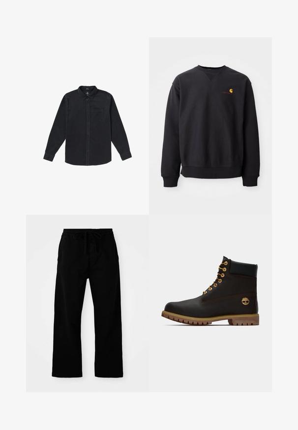 Sweatshirt noir avec un col rond, des manches longues et des poignets côtelés. Présente un logo jaune et rouge sur la poitrine gauche. Matière en coton doux.; Chemise noire à manches longues en tissu doux, avec un col boutonné, une poche avant et des boutons sur le devant.; Pantalons noirs à taille élastique avec cordon de serrage réglable, jambes larges et texture en coton lisse. Pas de motifs ni de détails matériels visibles.; Bottine noire en cuir avec œillets dorés, accents marron et semelle en caoutchouc. Comprend un col rembourré et un logo estampé sur le côté.