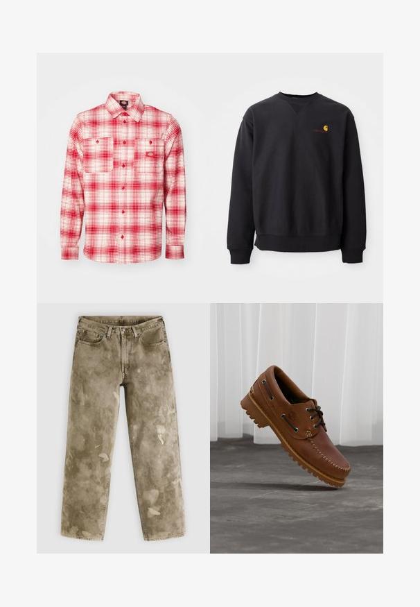 Sudadera negra con cuello redondo, mangas largas y puños acanalados. Presenta un logo amarillo y rojo en el lado izquierdo del pecho. Material de algodón suave.; Camisa de franela a cuadros rojos y blancos con mangas largas, cierre de botones en la parte delantera, dos bolsillos en el pecho y una etiqueta en la parte izquierda. Textura suave.; Vaqueros de pierna ancha de color caqui con una textura desgastada, con salpicaduras de pintura clara y un diseño de cinco bolsillos. Confeccionados con material de mezclilla.; Zapato náutico de cuero marrón con cordones negros, costuras beige y una suela resistente, suspendido sobre un suelo de hormigón gris.